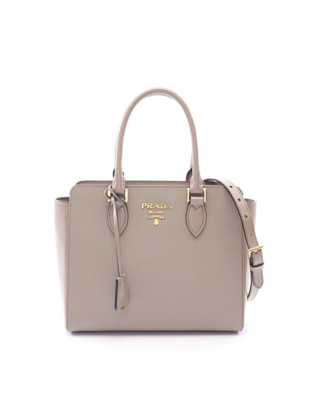 Prada Handbag Logo Greige Saffiano Leather Metal 2-Way Tote